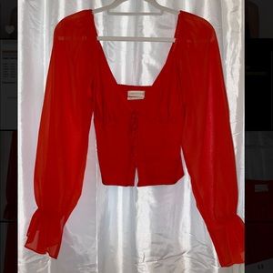 V-cut button up crop top with sheer sleeves